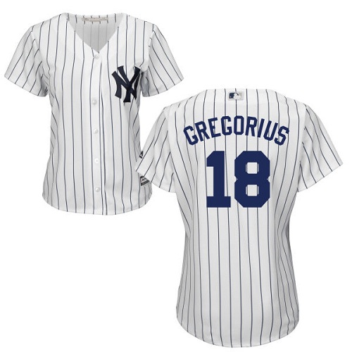 Yankees #18 Didi Gregorius White Strip Home Women's Stitched MLB Jersey - Click Image to Close